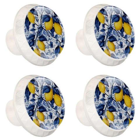 Go To Fresh Yellow Lemon Cabinet Knobs Set Of Four Crystal Glass Drawer Pulls With Navy Leaves, 35MM round knobs in four design.