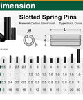 240 Piece Roll Pin Set With Metric Slotted Spring Pins In Sizes M1.5X6 Through M6X30, dimensions and material details shown