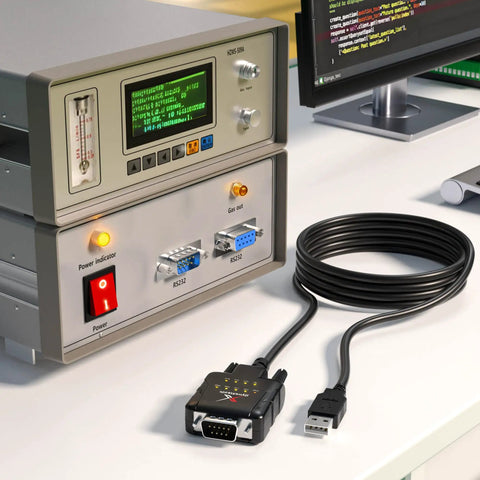 DeStatix A9 FTDI USB to RS232 Adapter With 9 Status LEDs beside industrial equipment showing DB9 and USB connections.