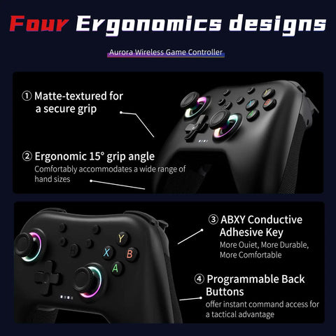 Aurora II 2.4G Wireless Bluetooth Controller ergonomic design features and controls for pro-level play.