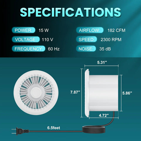 Powerful 6 Inch Exhaust Fan With Damper For Bathroom Kitchen Garage Office Ceiling Or Wall Mount Quiet 37 dB 201 m3h Airflow