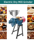 Powerful 2200W Electric Grain Mill Grinder with Funnel, adjustable output, 220V, shown with ingredients before and after grinding.