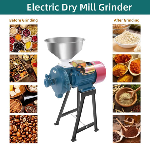Powerful 2200W Electric Grain Mill Grinder with Funnel, adjustable output, 220V, shown with ingredients before and after grinding.