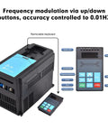 Beefy 2.2 kW VFD for CNC spindle speed control with removable keyboard and precise 0.01 Hz tuning, 3 HP 220V input and output.