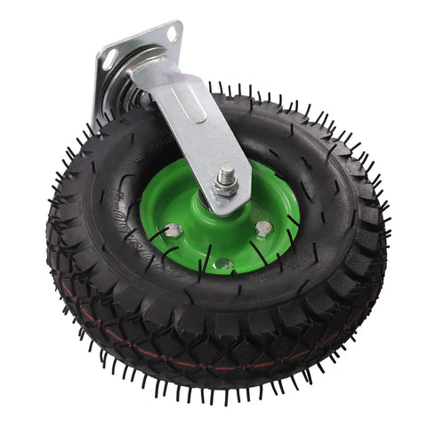 10 Inch Heavy Duty Pneumatic Caster featuring smooth cruising black rubber air tire and galvanized mount for heavy loads.