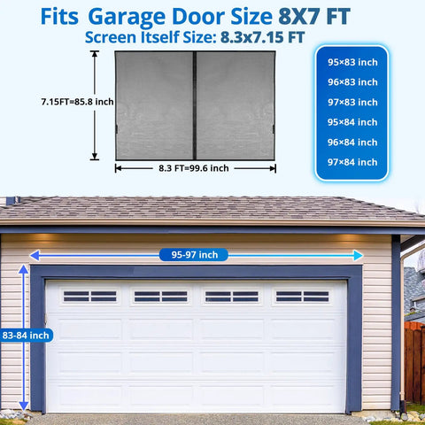Garage with Magnetic Garage Screen for 1 Car 8x7 Ft with Retractable Fiberglass Mesh displayed in scale and sizing guide.