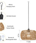 Slick Battery Operated Chandelier With Remote, 11.8 Inch Woven Rattan Cordless Pendant Light For Indoor Outdoor Patio And Porch, Rechargeable Boho Ceiling Fixture Built Different, showing chain, bulb socket, and dimensions.