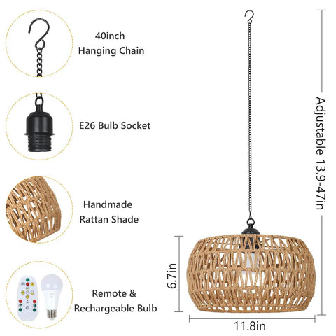 Slick Battery Operated Chandelier With Remote, 11.8 Inch Woven Rattan Cordless Pendant Light For Indoor Outdoor Patio And Porch, Rechargeable Boho Ceiling Fixture Built Different, showing chain, bulb socket, and dimensions.