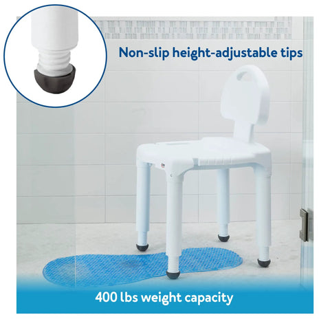Senior Safe Bath Chair With Backrest For Shower Or Tub, anti-slip feet detail, supports up to 400 lbs, white chair in shower