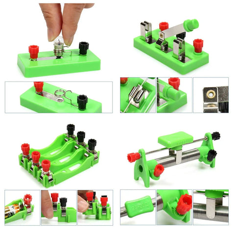 Hands On Basic Electricity And Magnetism Lab Kit components for high school students, showcasing green plastic circuit parts.