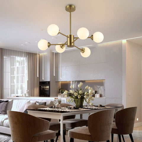 Six Light Sputnik Modern Pendant Chandelier With Opal White Glass Globes Height Adjustable For Flat Or Sloped Ceilings Ideal Kitchen Island Living Room Dining Area Bedroom Gold Finish in dining room setting