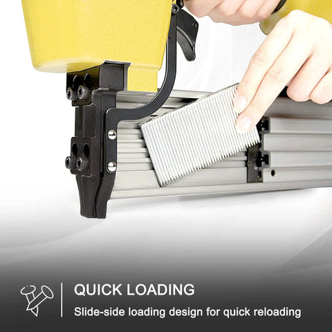 14 Gauge Air Concrete T Nailer With Three Quarter Inch To Two And A Half Inch Nails Pneumatic T Nail Gun being reloaded