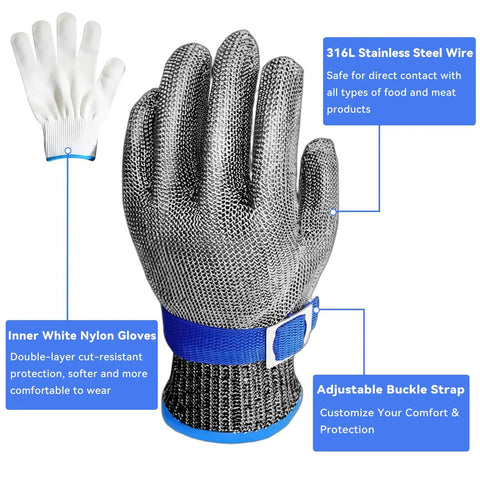 Cut Resistant Chainmail Gloves With Stainless Steel Mesh, Ambidextrous Steel Glove And Nylon Liner Glove, Adjustable Wrist Buckle