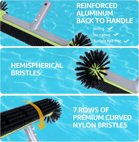 Ultimate Pool Cleaning Kit With 10.5 Foot Pole For Easy Debris Removal Includes Heavy Duty 17.5 Inch Round Net Brush Rotatable Scrub Brush And Corner Cleaning Accessory For Quick Pool Maintenance, pool brush close-up