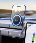 Tesla Phone Mount With Ultra Strong Magnet Power Foldable Hidden Car Holder for MagSafe displayed inside a Tesla Model 3.