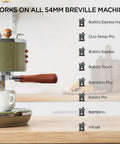 Breville-compatible espresso machine with Bottomless 54mm Portafilter For Espresso Machines With Puck Filter Included shown in kitchen.