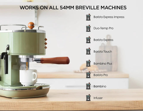 Breville-compatible espresso machine with Bottomless 54mm Portafilter For Espresso Machines With Puck Filter Included shown in kitchen.