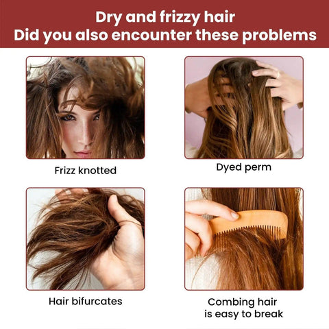 Four images showing hair problems: frizz knotted, dyed perm, hair bifurcates, and easy to break hair being combed with a wooden comb.