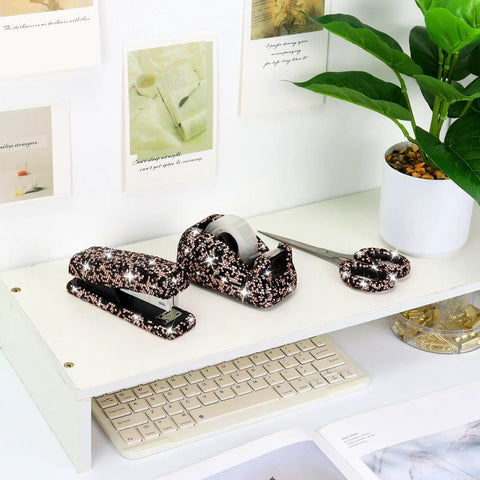 Glitter Black Bling Office Set 3 piece with heavy duty stapler, 1000 staples, tape dispenser, scissors on white desk
