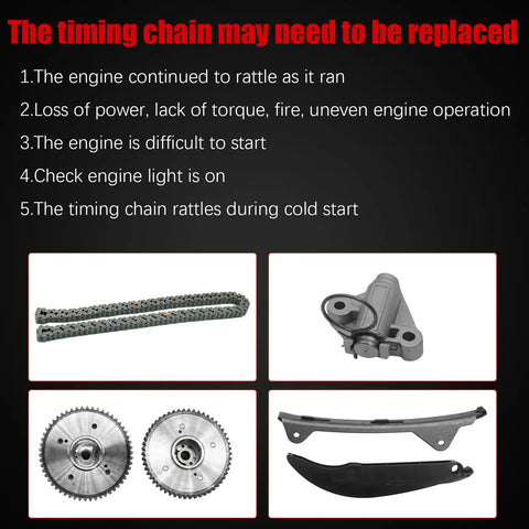 Image showing components of Hyundai Elantra 1.8L Timing Chain Kit With VVT Sprocket Tensioner And Cam Phaser For 2011-2014 Elantra And 2012-2013 Kia Soul 2.0L L4 Engine Replacement Timing Kit, including timing chain, sprockets, and tensioner.