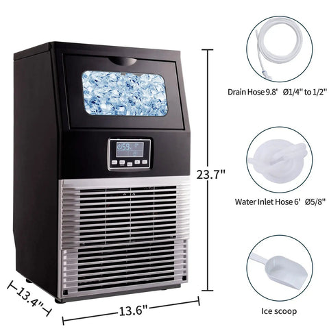 Supercharged Countertop Ice Maker With Built In Auto Clean That Whips Up 66 Pounds Daily Plus 32 Cubes Per Cycle showing ice cubes, digital display, and dimensions.