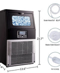 Plug And Play Countertop Ice Maker Auto Clean System with ice display, dimensions, drain hose, and scoop beside it.