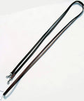 Black and brown leather draw reins for horses with quick snap hardware, 90 inch length, 6 to 8 inch wide leather and web training reins.