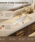 Modern Wall Floating Bathroom Vanity With Integrated Makeup Station And Deep Drawers Delivers A Slick Vibe And Hassle Free Storage For Any Tight Space with premium stone countertop and gold faucet.