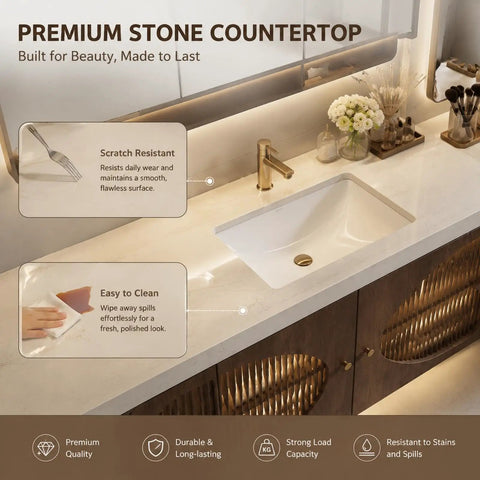 Modern Wall Floating Bathroom Vanity With Integrated Makeup Station And Deep Drawers Delivers A Slick Vibe And Hassle Free Storage For Any Tight Space with premium stone countertop and gold faucet.