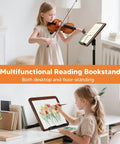 All In One Floor And Desktop Wooden Book And Music Stand That Do It All With Solid Wood Build Adjustable Height From Sixteen Point Five To Fifty One Inches Hands Free Reading Stand With Page Clip For Cookbooks Sheet Music Bible Office And Home used by children