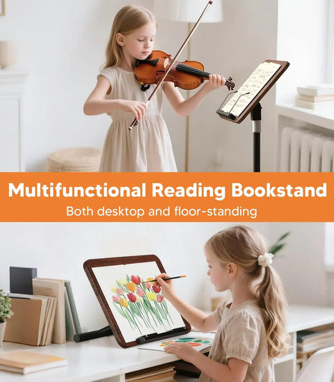 All In One Floor And Desktop Wooden Book And Music Stand That Do It All With Solid Wood Build Adjustable Height From Sixteen Point Five To Fifty One Inches Hands Free Reading Stand With Page Clip For Cookbooks Sheet Music Bible Office And Home used by children