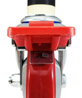Heavy Duty Four Inch Caster Wheels With Quick Click Total Locking Brakes Fitting One Point Five Inch Id Leg Pipe For Smooth Rolling NSF certified caster wheel from front view.
