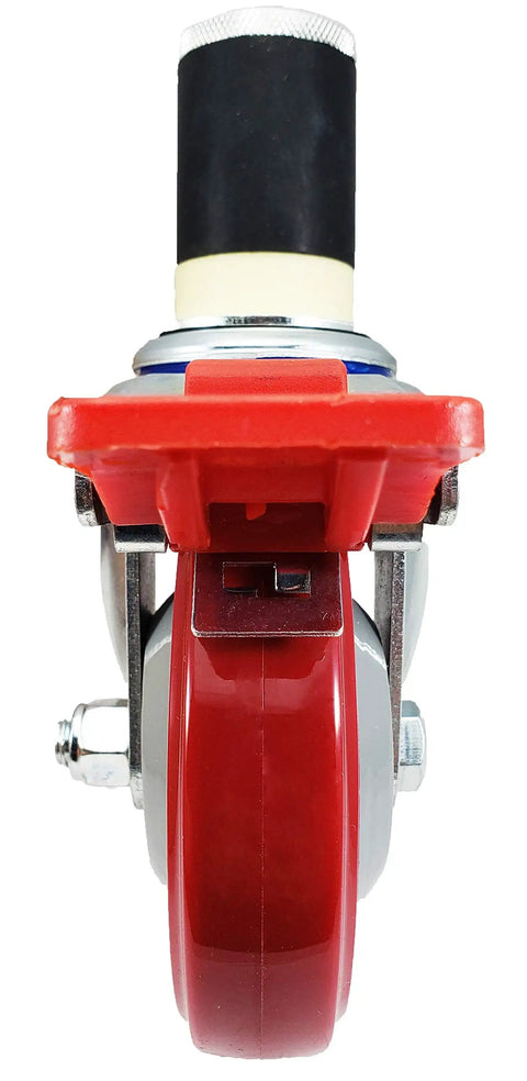 Heavy Duty Four Inch Caster Wheels With Quick Click Total Locking Brakes Fitting One Point Five Inch Id Leg Pipe For Smooth Rolling NSF certified caster wheel from front view.