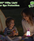 Parent and child using Kid Friendly Camping Lantern And Night Light With AAA Batteries Included, 360 Degree Eye Safe Glow, IPX4 in purple.