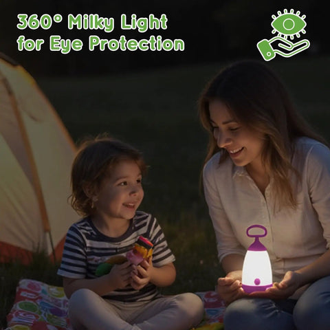 Parent and child using Kid Friendly Camping Lantern And Night Light With AAA Batteries Included, 360 Degree Eye Safe Glow, IPX4 in purple.