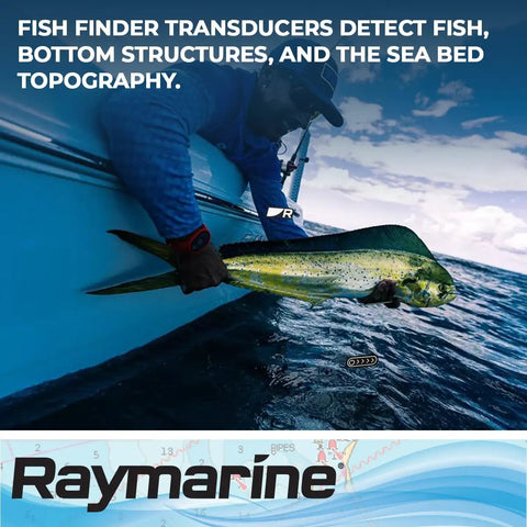 Person on a boat displaying a caught fish next to water; Raymarine branding. RV-220 4 Channel CHIRP Through Hull Transducer Pack