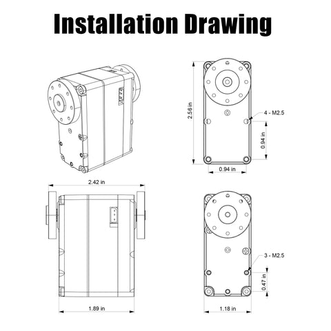 Installation drawing of Hefty 150 Kg Clamping Force 12V Serial Bus Servo Motor with detailed dimensions.
