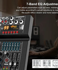 Front view of Pro DJ 4 Channel Digital Mixer with USB Bluetooth MP3 Input 99 DSP Effects 7 Band EQ 48V Phantom Power interface