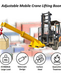 Heavy Duty Forklift Jib Boom Crane With 8800 Pound Lifting Hoist And 7.8 Foot Telescopic Reach lifting a wooden block.