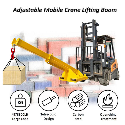 Heavy Duty Forklift Jib Boom Crane With 8800 Pound Lifting Hoist And 7.8 Foot Telescopic Reach lifting a wooden block.