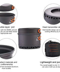 Ultralight Camping Cookware Set With Pot And Pan Heat Exchange Design featuring double-layer pot and heat transmitter