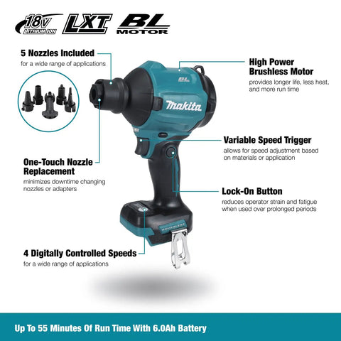 Bad Boy 18V Cordless Blower And Vacuum With Slick Nozzle Swap, showing motor, nozzles, and trigger controls for easy use.