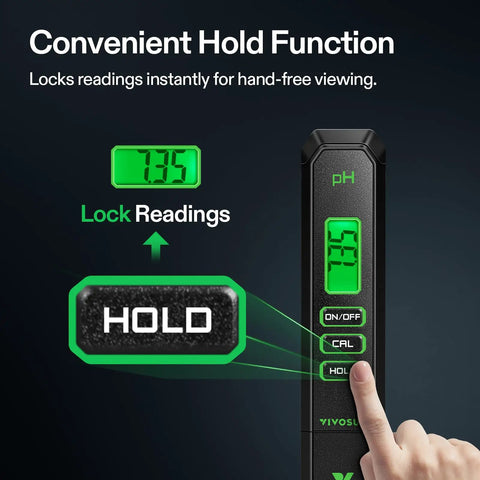 Digital pH Meter With 0.01 Accuracy Pen Tester For Water And Hydroponics, Auto Temperature Compensation, Easy Hold Function, Ultra-Sensitive Electrode, Dialed-In Readings For Precise, Consistent pH Checks, hand pressing hold button