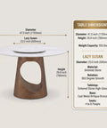 Built Tough 47 Inch Round Dining Table With White Sintered Stone Top And Legit Smooth Rotating Lazy Susan, dimensions and materials displayed.