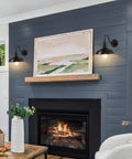 Living room with Gooseneck Barn Lights Indoor Black Farmhouse Wall Sconces 2 Pack Rustic Industrial Wall Mount Lighting above fireplace