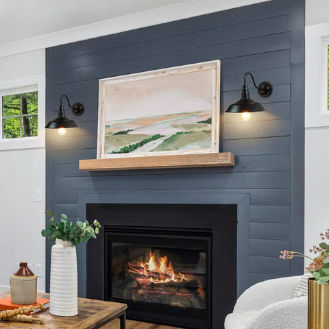 Living room with Gooseneck Barn Lights Indoor Black Farmhouse Wall Sconces 2 Pack Rustic Industrial Wall Mount Lighting above fireplace