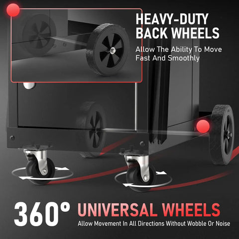 Heavy Duty Welding Cart With Large Lockable Cabinet For MIG TIG Stick Welders And Plasma Cutters showing durable wheels
