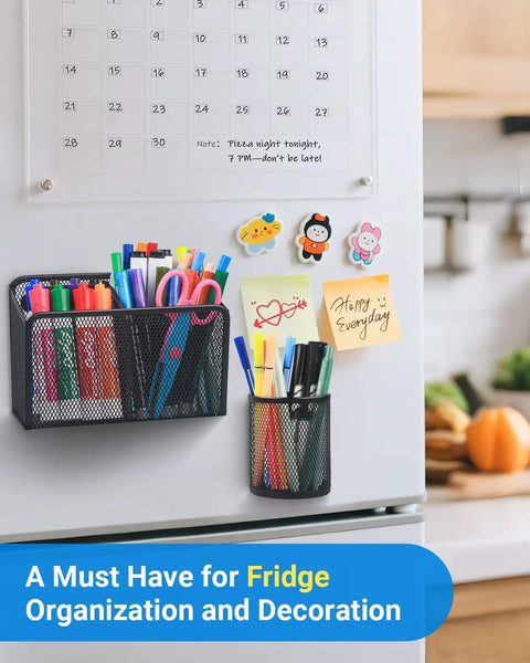 Magnetic Pen Holder With Heavy Duty Magnets Metal Pen Cup And Marker Storage Organizer on fridge with pens and notes