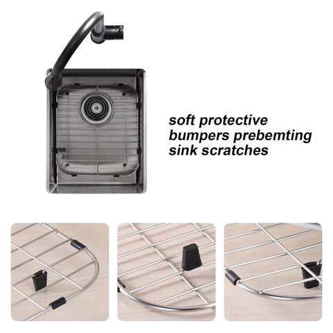 Stainless Steel Sink Grid Protector For Kitchen Sink 11 3/4 By 13 7/8 Inches Center Drain 304 Food Grade Stainless Heavy Duty And Sturdy With Rubber Feet And Bumpers For Scratch Free Dishwashing, shown in sink with protective bumpers.