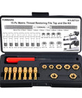 Front view of TOMMARS 15-piece metric thread restoration kit with gold taps and dies in a black case; red-handled tool.